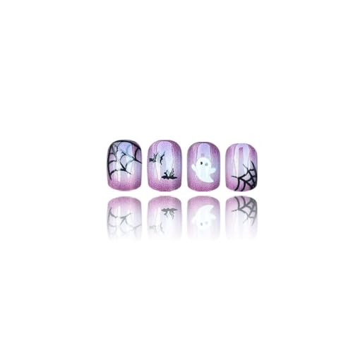 Halloween Short Square Fake Nails with Ghost Spider Web Bat Designs - 24Pcs Press-On Nails for Women