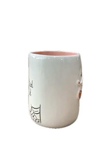 Halloween Ceramic Coffee Mug - Haunted Hound Design - Double-Sided Ghost & Web - Rae Dunn Style - Variation of Haunted Hound
