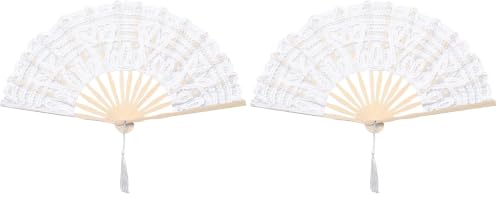 White Cotton Lace Folding Hand Fan with Bamboo Frame for Wedding & Party - Pack of 2 (Variation: One Size)