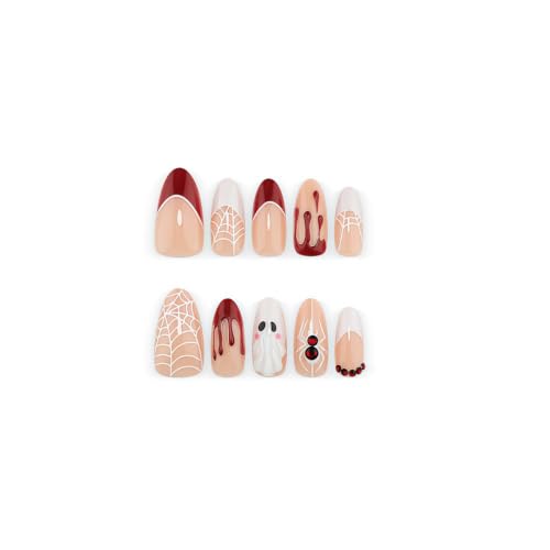 Halloween Fake Nails - Red Spider & Ghost Design Press-On Almond Nails, Reusable, 24Pcs