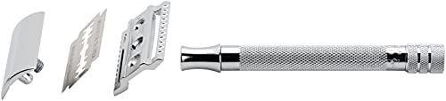 MERKUR 23C Double Edge Safety Razor - Polished Chrome, Long Knurled Brass Handle, Made in Germany, Plastic-Free, Three Piece Design, Closed Comb, Straight Bar