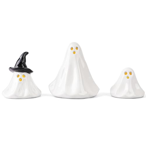 Ceramic Light-Up Halloween Ghost Decor Figurines - Indoor Party Decorations, 3 Pack