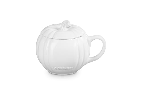 Le Creuset Pumpkin Mug with Lid - 14 oz White Stoneware, Seasonal Kitchen Decor