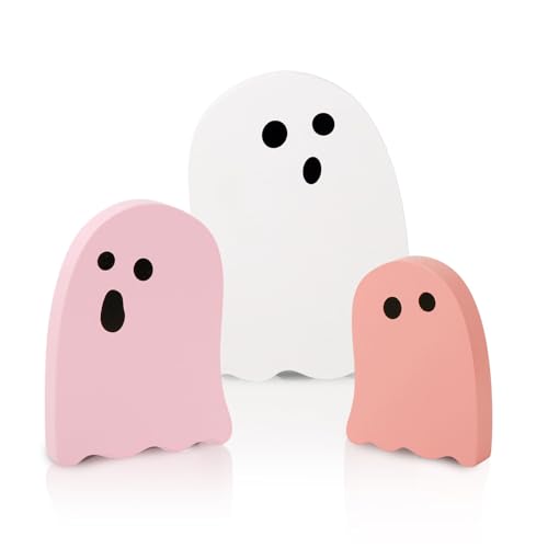 Halloween Ghost Wooden Sign Decorations - Pink & White Tiered Tray Decor