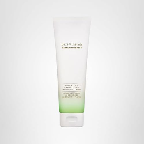 bareMinerals Skinlongevity Face Cleanser, Cream-to-Foam Cleanser with Mineral Herb Complex, Removes Makeup & Sunscreen, Gentle for All Skin Types, Vegan, Cruelty-Free & Dermatologist-Tested