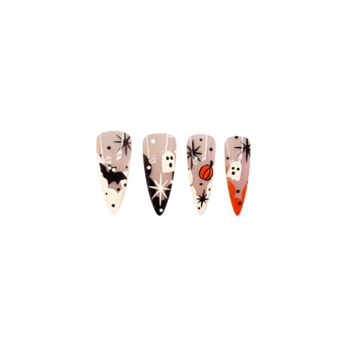 Halloween Press On Nails - Orange Pumpkin Design with Ghost, Bat & Full Cover Glue On Nails - 24Pcs
