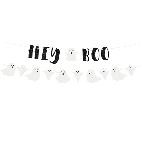 Black Halloween Banner Set - Glitter Ghost & 'Hey Boo' Garland for Spooky Decorations