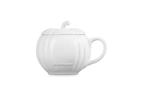 Le Creuset Pumpkin Mug with Lid - 14 oz White Stoneware, Seasonal Kitchen Decor