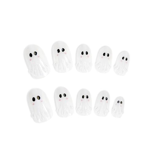 Halloween Press On Nails Glossy Chrome Fake Nails with White Ghost Design - Style 39, Medium Almond Shape, 24 Pcs