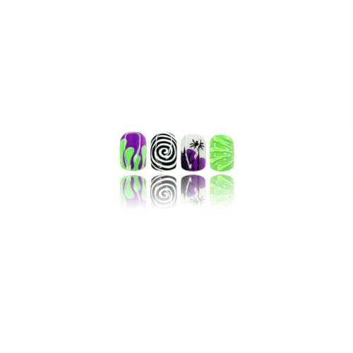 Halloween Short Square Press On Nails with Spider Web Design - Black & White Spiral Stripe, 24Pcs - Halloween-19