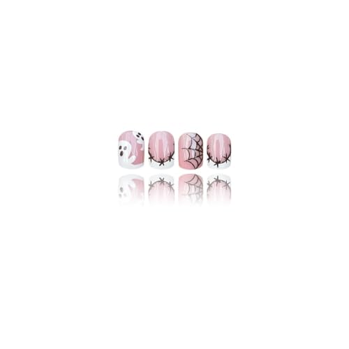 Halloween Press On Nails Short Square Pink Fake Nails with Ghost & Spider Web Design - Pattern W40, Reusable, 24 Pieces