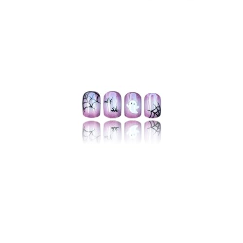 Halloween Fake Nails Short Square Press-On Nails with Bat Spider Web Ghost Design Purple Cat Eyes - 24 Pcs, Variation of Nails-266