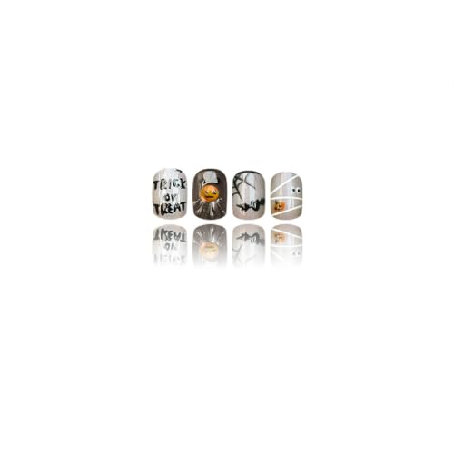 Halloween Press On Nails Short Oval Fake Nails with Spider Web Pumpkin Bat Ghost Design - Variation Halloween-13 - 24 pcs