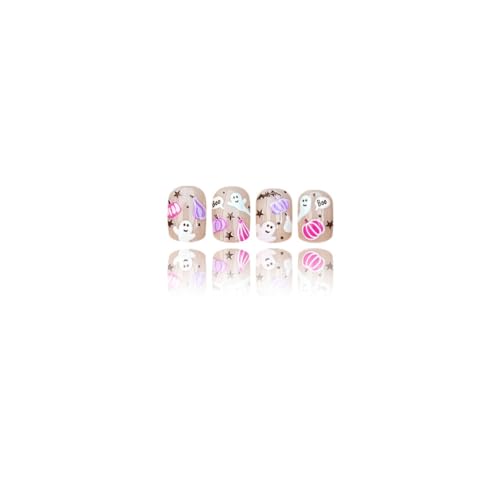 Halloween Short Square Fake Nails Kit with Pumpkin Bat & Star Designs - 24Pcs Variation HF14