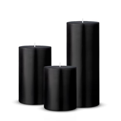 Black Pillar Candle Set of 3 Unscented Dripless Long Burn Candles - 2.75x3, 4, 6 Inches