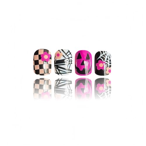 Halloween Press On Nails Short Square Fake Nails with 3D Flower Spider Web Pumpkin & Ghost Design - Bandage Ghost Variation
