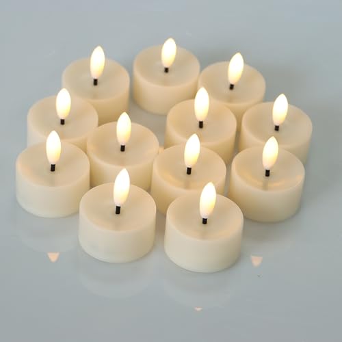 12 Pack Flameless LED Tea Lights with Black Wick, Battery Operated, Warm White
