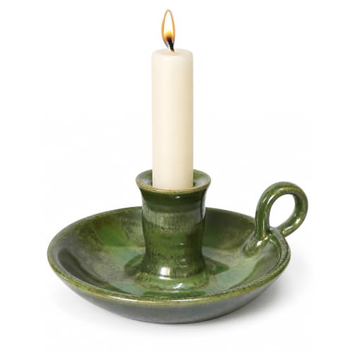 Green Reactive Glazed Ceramic Candle Holder with Handle - Taper & Spell Candles Stand