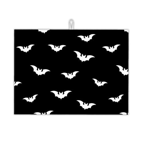 Halloween Black White Bats Dish Drying Mat 18x24 Inch Microfiber Kitchen Counter Decor