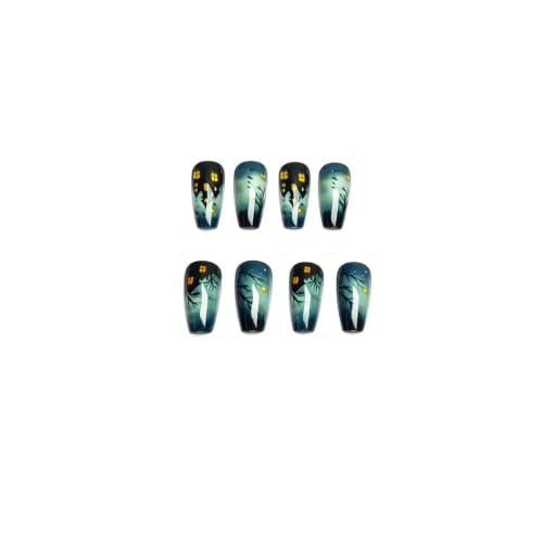 Halloween Press-On Nails Medium Square Smoke Ombre Haunted House Bat Tree Style85