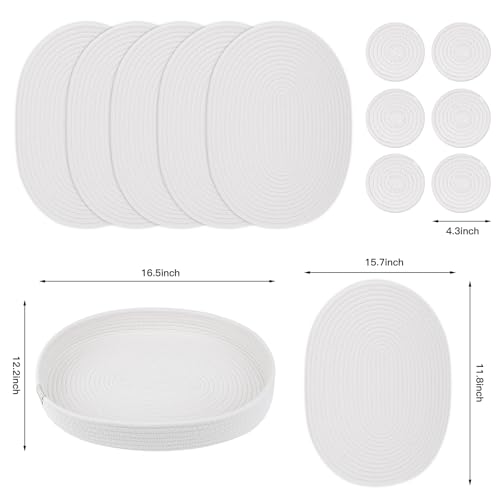 White Boho Placemat Set of 6 with Coasters - Natural Woven Cotton Farmhouse Table Mats for Dining, Fall & Holiday Decor