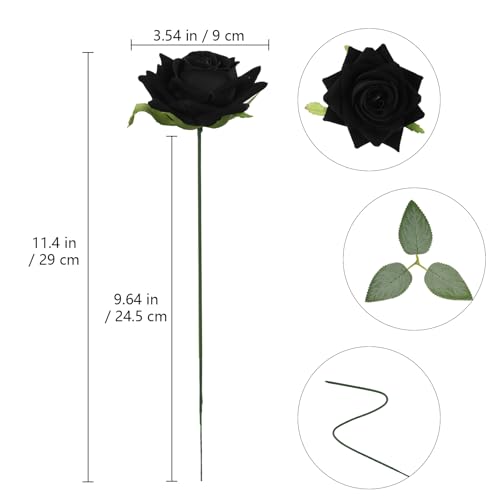 Black Velvet Roses Artificial Flower Heads - 18pcs Faux Roses with Stems for Gothic Wedding & Halloween Decor