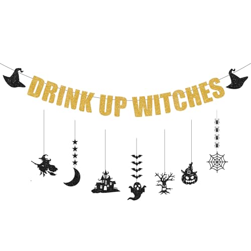Gold Drink Up Witches Halloween Banner Garland - Pre-Strung Gothic Party Decor