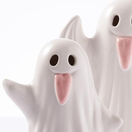 Halloween Ghost Figurines Set - Light Up Ceramic Ghost Decor, Pink & White Variation