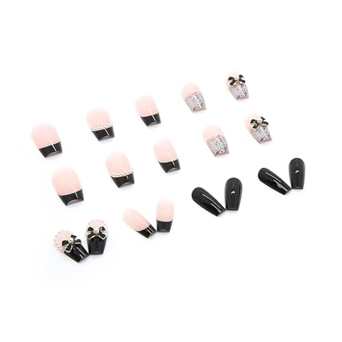Colorful Medium Length Press-On Nails with Black Bow Pearl Design - Reusable Fake Nails, Coffin Shape, 24 Pack