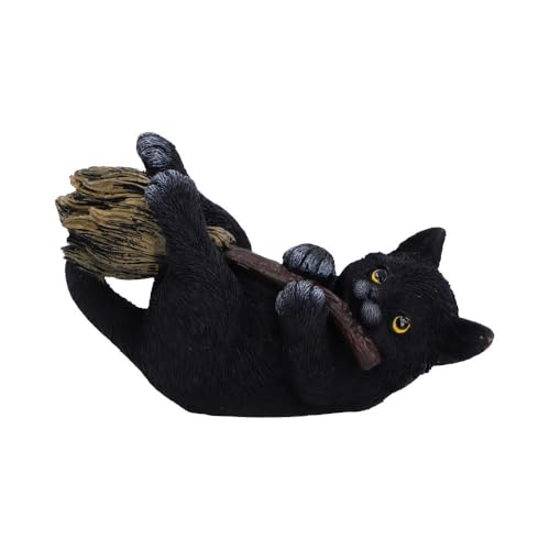 Witch’s Broomstick Black Cat Figurine - Hand-Painted Resin Gothic Decor