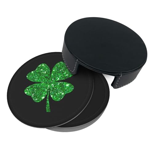 St. Patrick's Day Shamrock Coaster Set with Holder - 6 Green Leather Drink Coasters, 4 Inch, Cute Table Decor - One Size