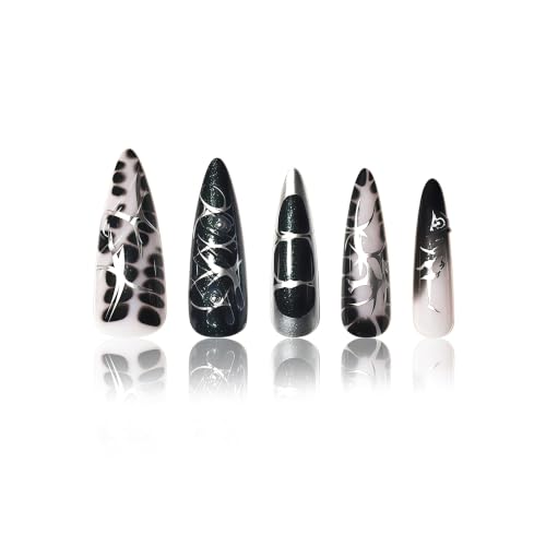 Halloween Long Stiletto Press-On Nails - Black Goth Fake Nail Set 24pcs - Multicolor-007211
