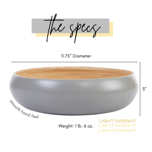 Gray Handmade Spun Bamboo Fruit Bowl for Kitchen Counter - Eco-Friendly Decorative Serving Basket, 11.75 Inch