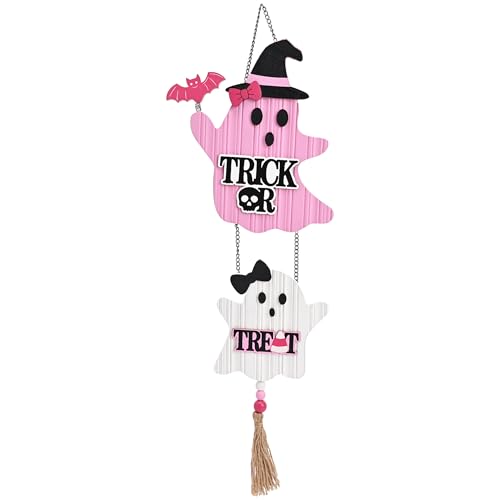 Pink Halloween Wreath for Door & Wall - Cute Ghost & Witch Hat Decor - Medium