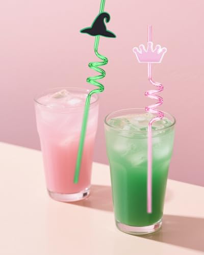 Pink and Green Reusable Witch Hat & Crown Drinking Straws - Party Favors Set of 12
