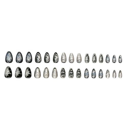 Goth Press On Nails 30Pcs Medium Almond Fake Nails Glitter Silver Alloy 3D Chrome Design - Variation of Goth Fake Nails-4