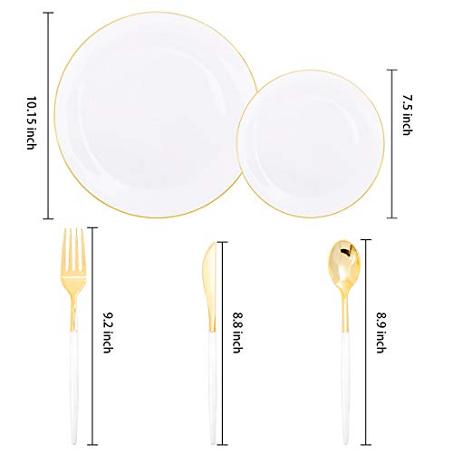 150pcs White and Gold Disposable Dinnerware Set - Heavy Duty Plates & Cutlery for Weddings & Parties