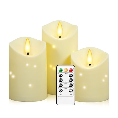 Outdoor Waterproof Flameless Candles Set - 3 LED Pillar Candles with Star String, Remote & Timer - Ivory, D 3.25"xH 4-6"