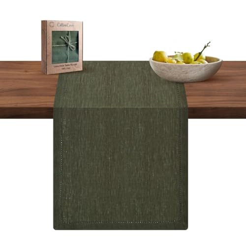 Olive Green Linen Table Runner 72 Inch Long - Rustic Farmhouse Decor