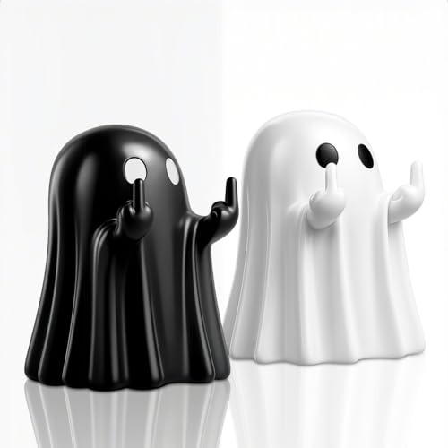 Halloween Ghost Figurine Decor Set - Black and White Resin Mini Statues for Indoor Display