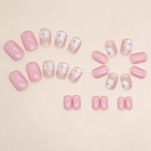 Pink Acrylic Short Square Nails with Iced Camellia Design - 32pcs Press On Fake Nails
