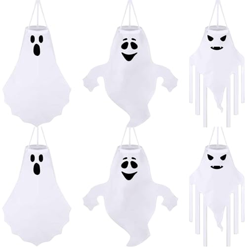 Halloween Ghost Windsocks Outdoor Decorations - Set of 6, 27 Inch White Flying Ghosts for Yard, Porch & Garden