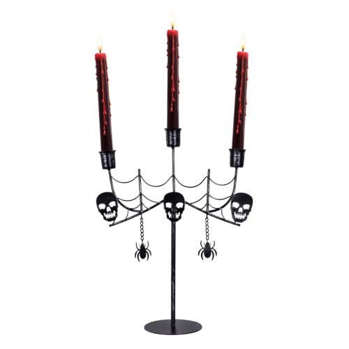 Halloween Skull Candle Holder - Gothic 3-Arm Black Metal Taper Candlestick for Indoor Decor