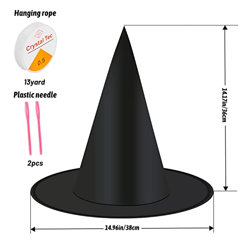 12 Pack Black Witch Hat with Hanging Rope for Halloween Party & Costume