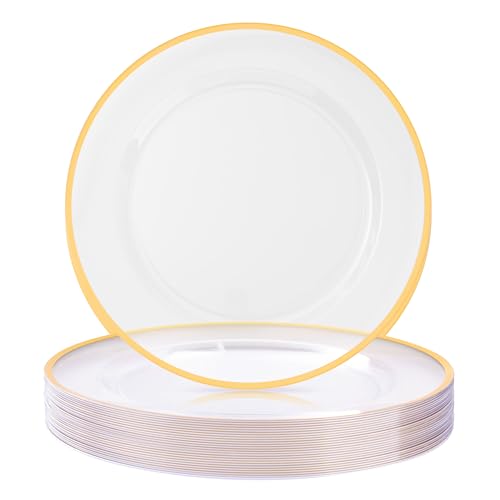 Gold Rim Disposable Charger Plates 12 Inch - 25 Pack Clear Plastic Table Decor