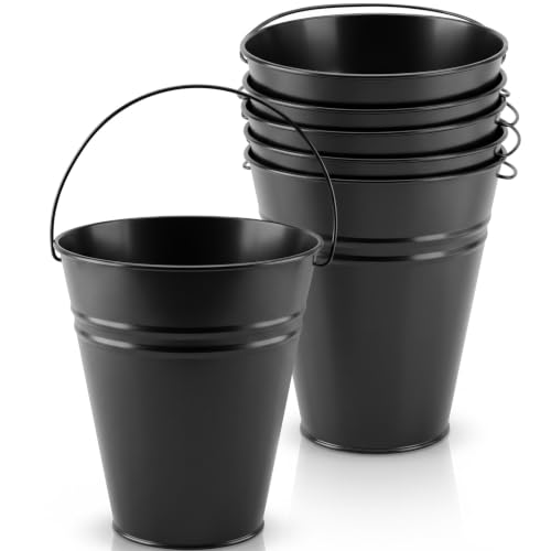 Black Galvanized Metal Buckets Set - Small 6 Pack with Handles, 7x6.4 Inch