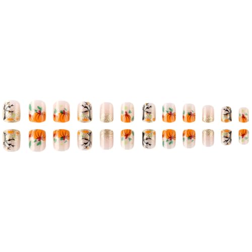 Halloween Press On Nails Short Square with Pumpkin Leaves Glitter - Variation W11