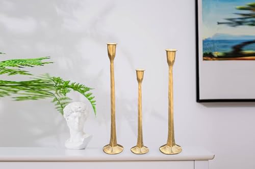 Set of 3 Wrought Iron Taper Candle Holders - Gold Rustic Decor for Wedding & Home