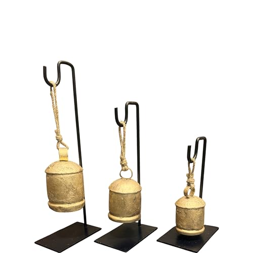 Rustic Handmade Christmas Cowbell Set with Metal Stand - Holiday Home Decor