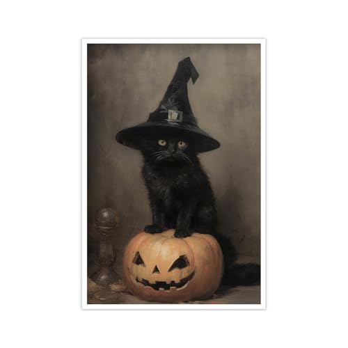Vintage Halloween Canvas Wall Art Unframed - Black Cat Witchy Pumpkin 12x16in